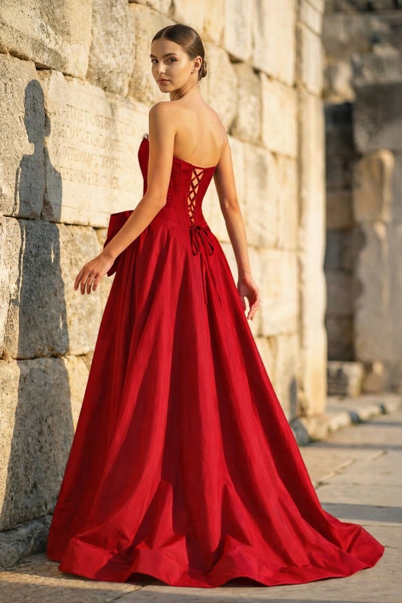 Pink - Strapless A Line Satin Pearl Long Formal Prom Dresses With Bow