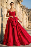 Pink - Strapless A Line Satin Pearl Long Formal Prom Dresses With Bow