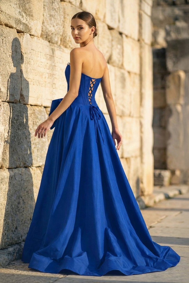 Pink - Strapless A Line Satin Pearl Long Formal Prom Dresses With Bow