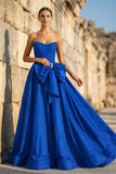 Pink - Strapless A Line Satin Pearl Long Formal Prom Dresses With Bow