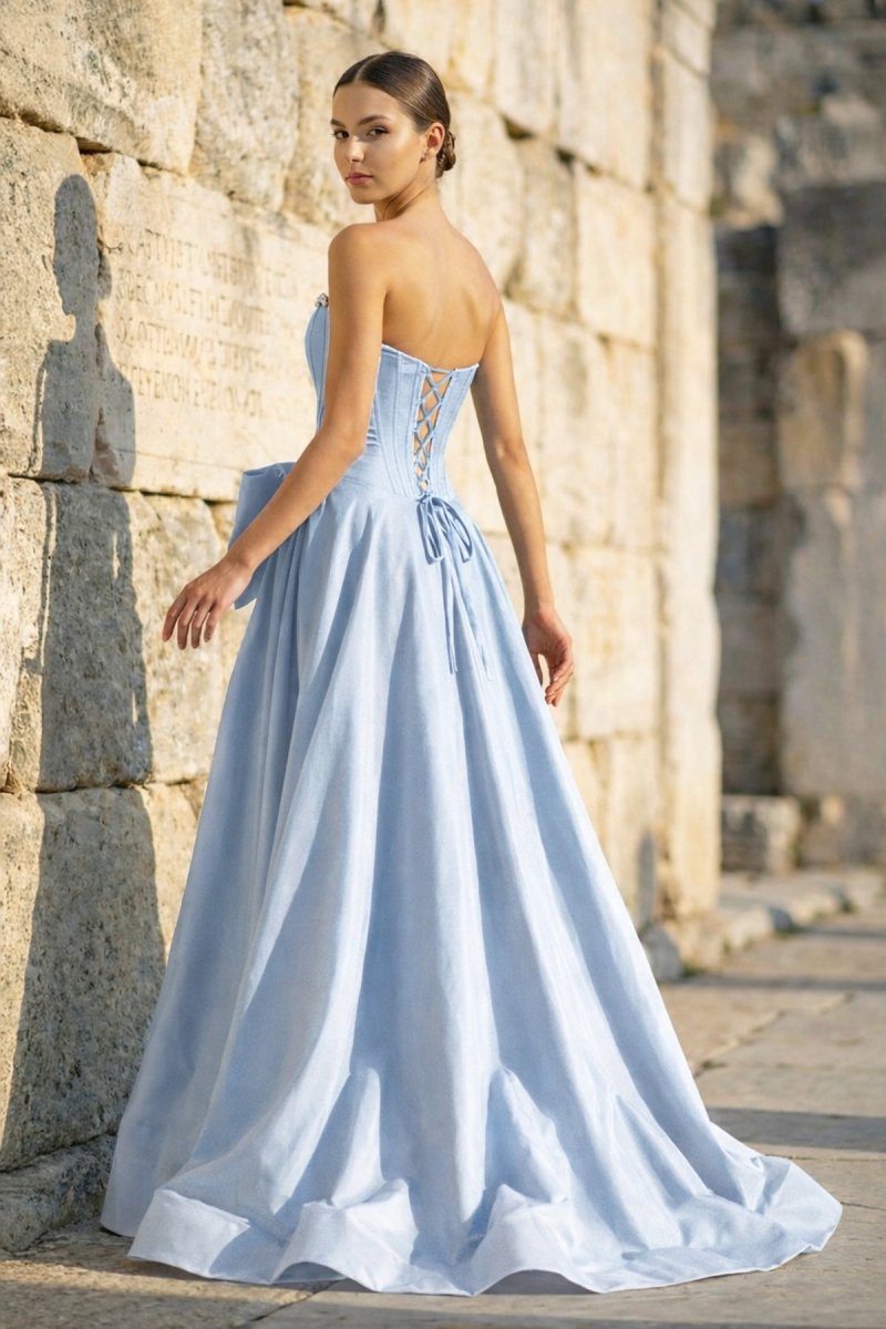 Pink - Strapless A Line Satin Pearl Long Formal Prom Dresses With Bow