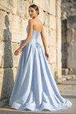 Pink - Strapless A Line Satin Pearl Long Formal Prom Dresses With Bow