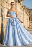Pink - Strapless A Line Satin Pearl Long Formal Prom Dresses With Bow