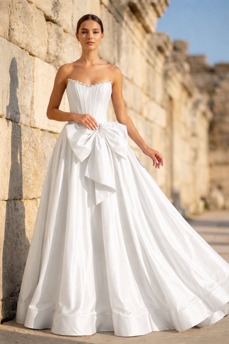 Pink - Strapless A Line Satin Pearl Long Formal Prom Dresses With Bow