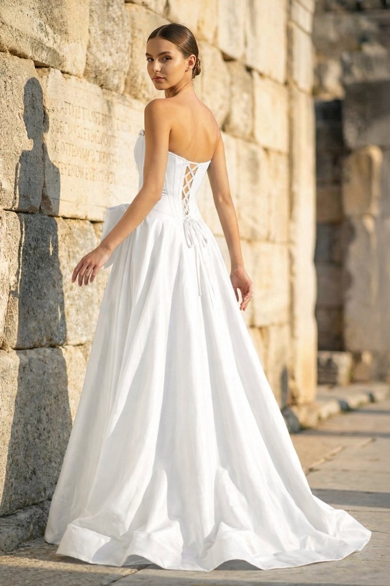 Pink - Strapless A Line Satin Pearl Long Formal Prom Dresses With Bow