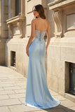 Mermaid Sweetheart Blue Beaded Ruched Long Prom Dress with Slit
