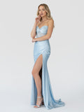 Mermaid Sweetheart Blue Beaded Ruched Long Prom Dress with Slit
