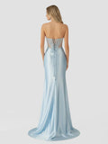 Mermaid Sweetheart Blue Beaded Ruched Long Prom Dress with Slit