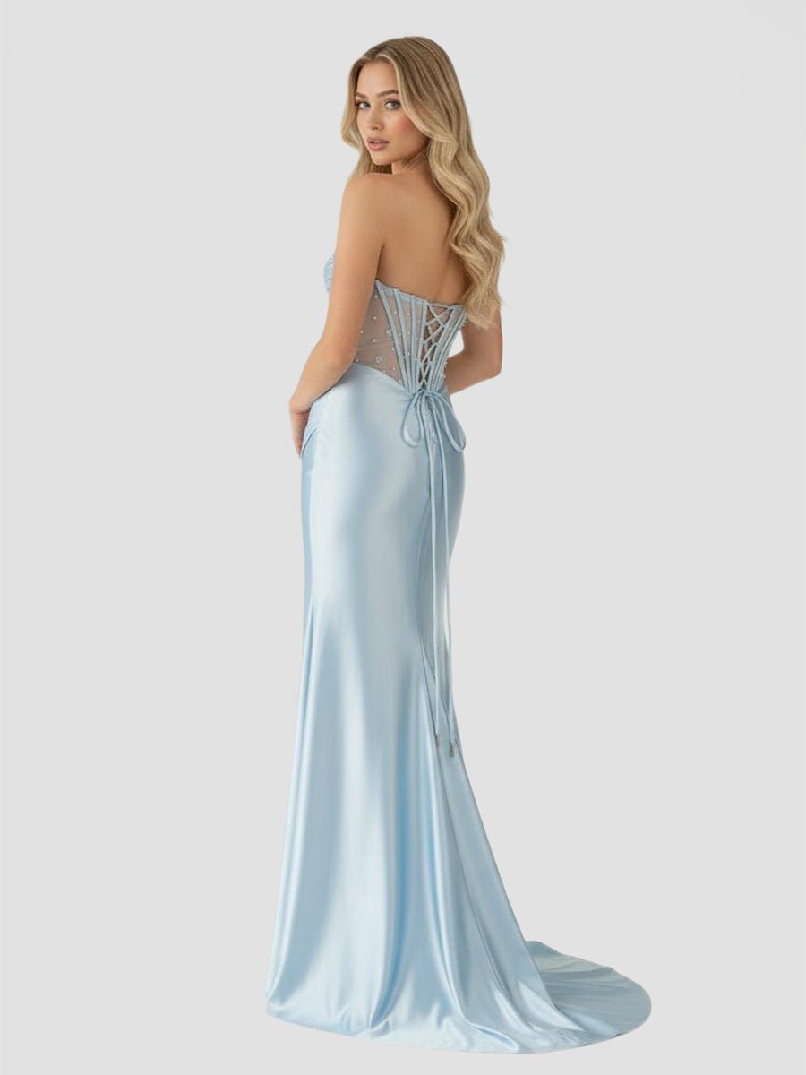Mermaid Sweetheart Blue Beaded Ruched Long Prom Dress with Slit
