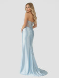 Mermaid Sweetheart Blue Beaded Ruched Long Prom Dress with Slit