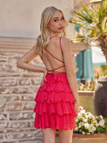 Red - Scoop Neck Satin Ruffle Short Homecoming Dress