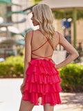 Red - Scoop Neck Satin Ruffle Short Homecoming Dress