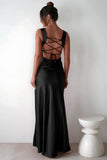Red A-Line Square Neck Satin Long Prom Dresses with Slit