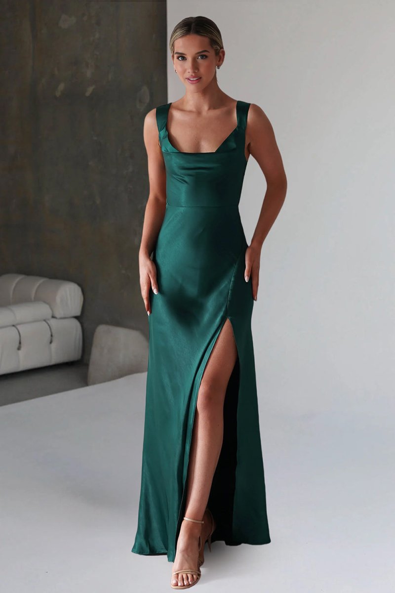 Red A-Line Square Neck Satin Long Prom Dresses with Slit
