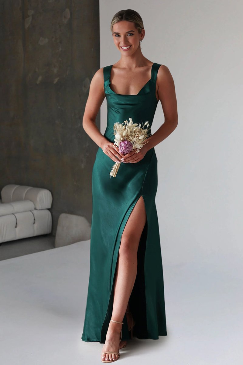 Red A-Line Square Neck Satin Long Prom Dresses with Slit