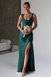 Red A-Line Square Neck Satin Long Prom Dresses with Slit