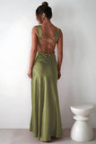 Red A-Line Square Neck Satin Long Prom Dresses with Slit