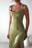 Red A-Line Square Neck Satin Long Prom Dresses with Slit