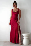 Red A-Line Square Neck Satin Long Prom Dresses with Slit