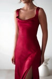 Red A-Line Square Neck Satin Long Prom Dresses with Slit