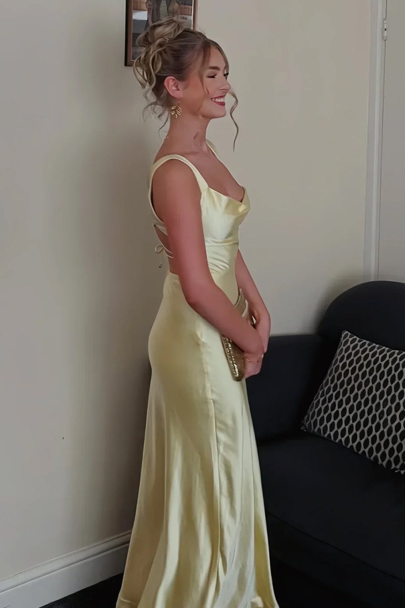 Red A-Line Square Neck Satin Long Prom Dresses with Slit