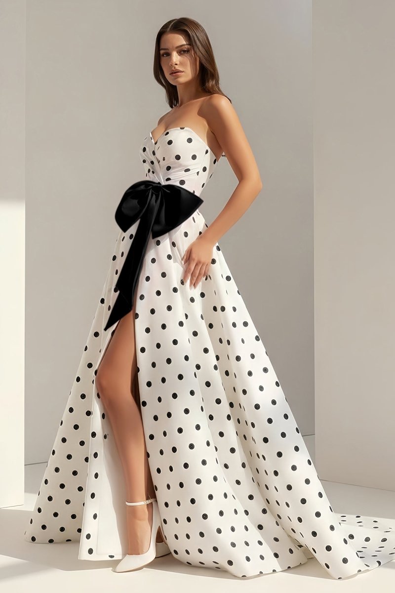 Fuchsia Sweetheart A Line Polka Dots Satin Long Prom Dresses With Bow