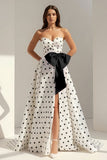 Fuchsia Sweetheart A Line Polka Dots Satin Long Prom Dresses With Bow