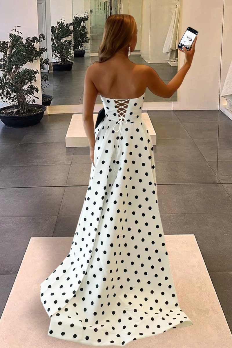 Fuchsia Sweetheart A Line Polka Dots Satin Long Prom Dresses With Bow
