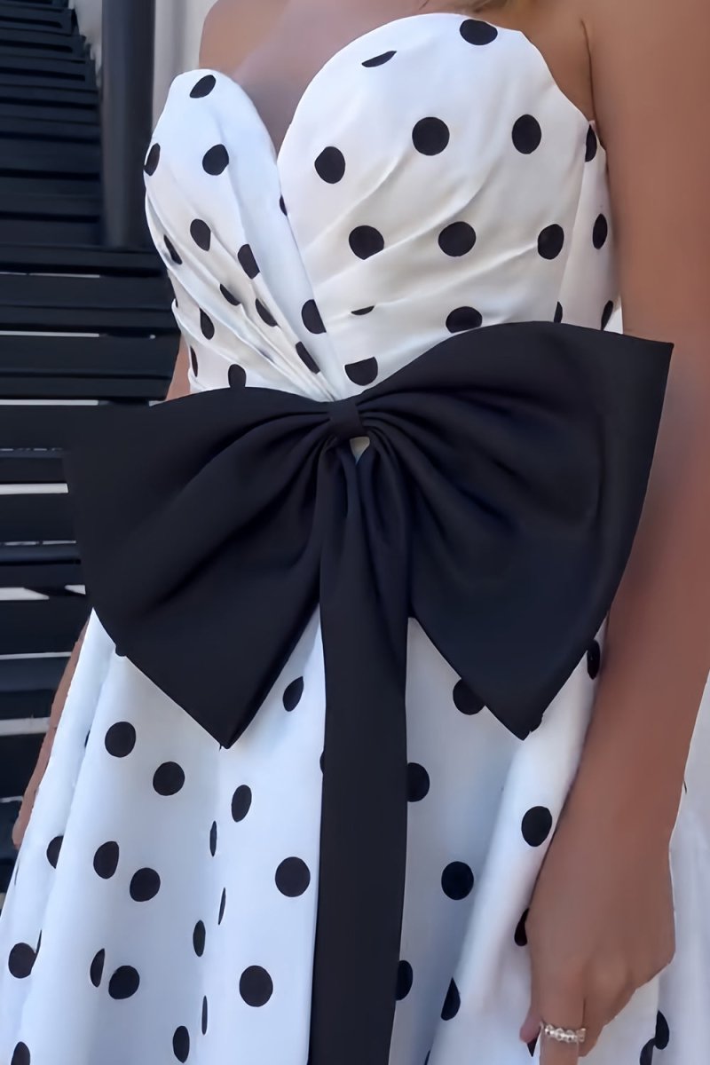 Fuchsia Sweetheart A Line Polka Dots Satin Long Prom Dresses With Bow