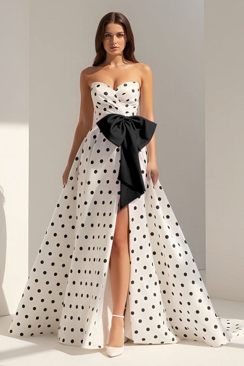 Fuchsia Sweetheart A Line Polka Dots Satin Long Prom Dresses With Bow