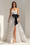 Fuchsia Sweetheart A Line Polka Dots Satin Long Prom Dresses With Bow