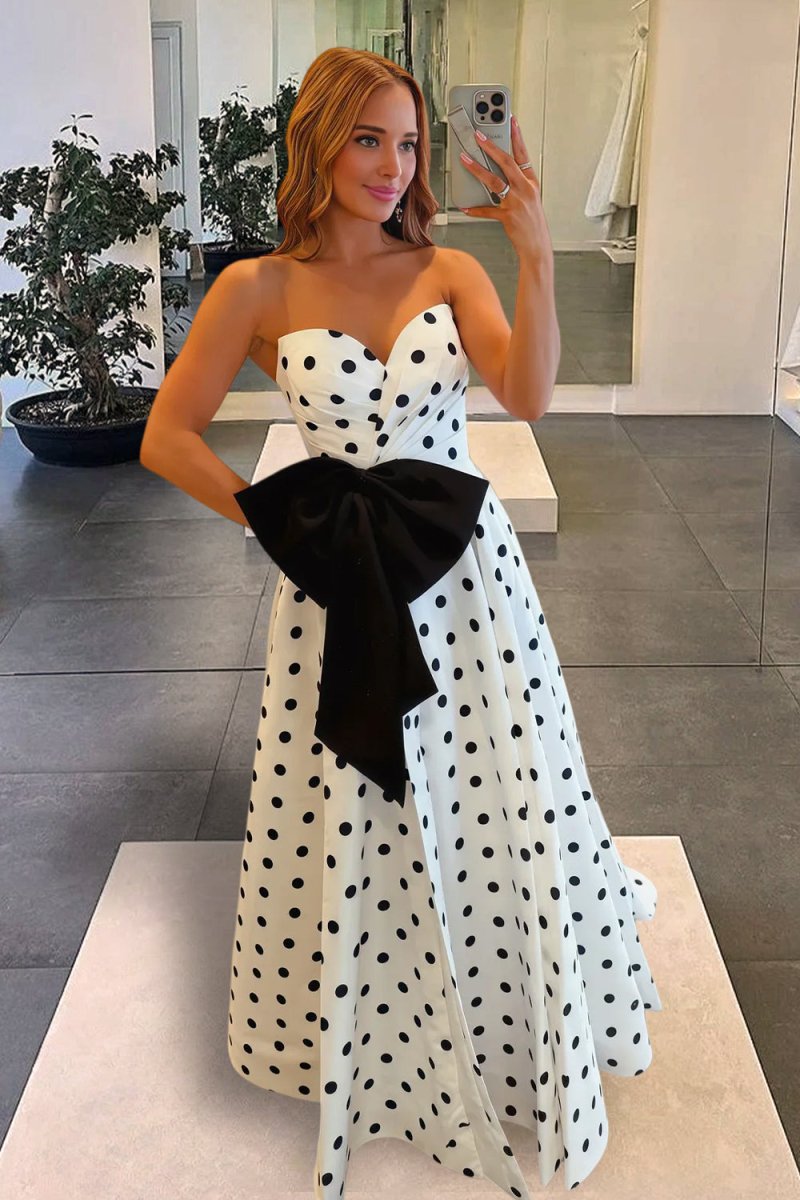 Fuchsia Sweetheart A Line Polka Dots Satin Long Prom Dresses With Bow