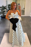 Fuchsia Sweetheart A Line Polka Dots Satin Long Prom Dresses With Bow