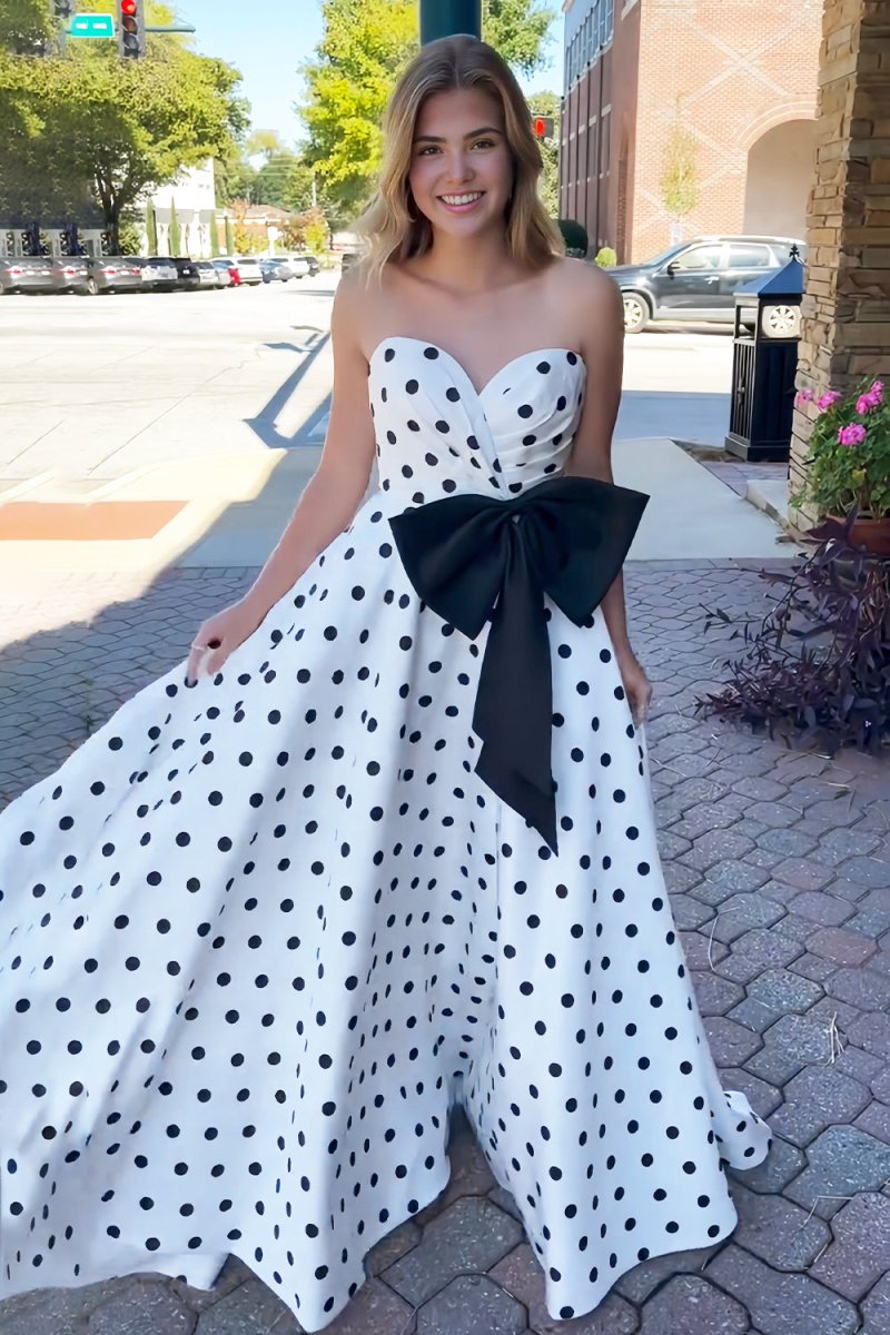 Fuchsia Sweetheart A Line Polka Dots Satin Long Prom Dresses With Bow