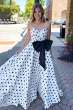 Fuchsia Sweetheart A Line Polka Dots Satin Long Prom Dresses With Bow