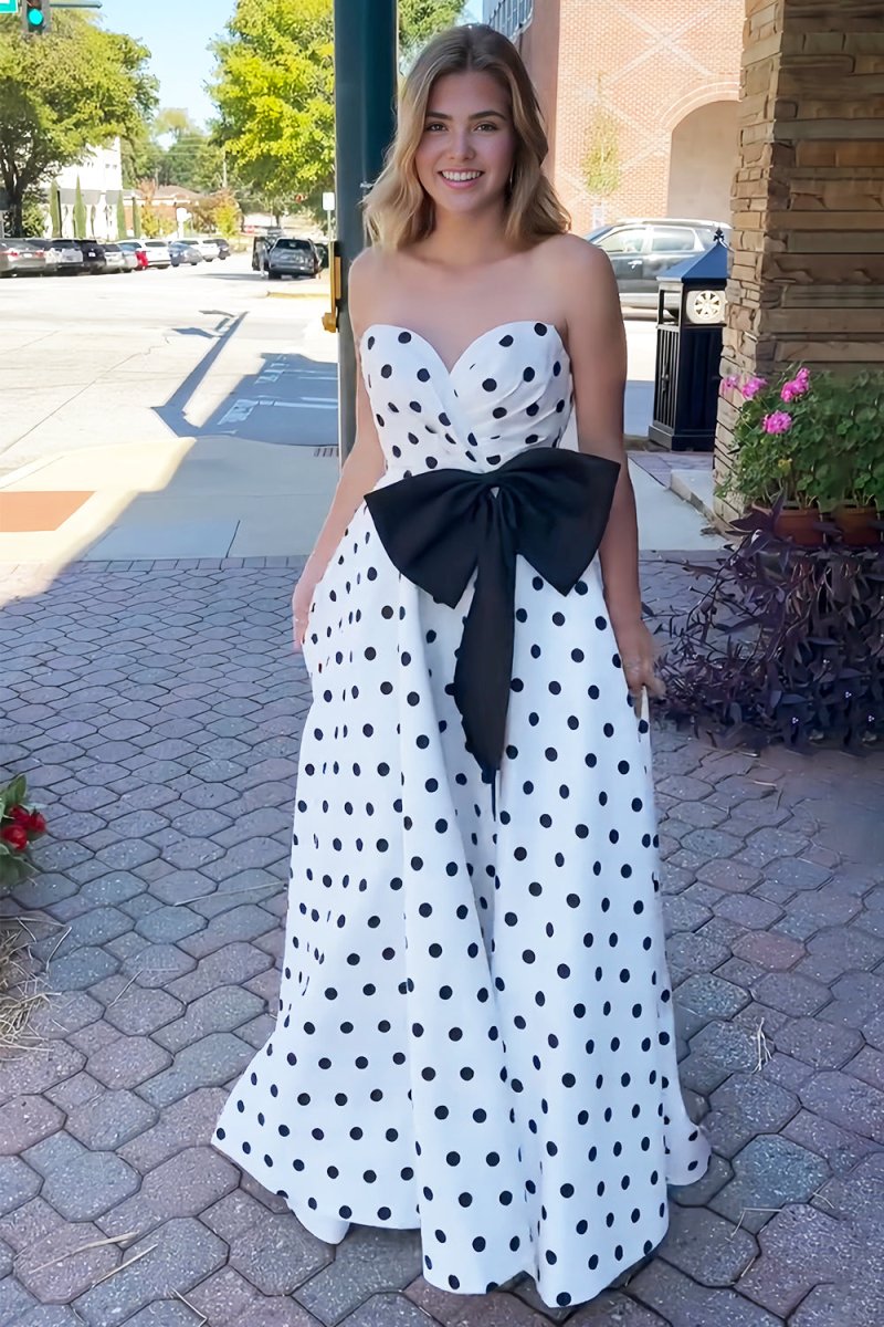 Fuchsia Sweetheart A Line Polka Dots Satin Long Prom Dresses With Bow