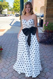 Fuchsia Sweetheart A Line Polka Dots Satin Long Prom Dresses With Bow