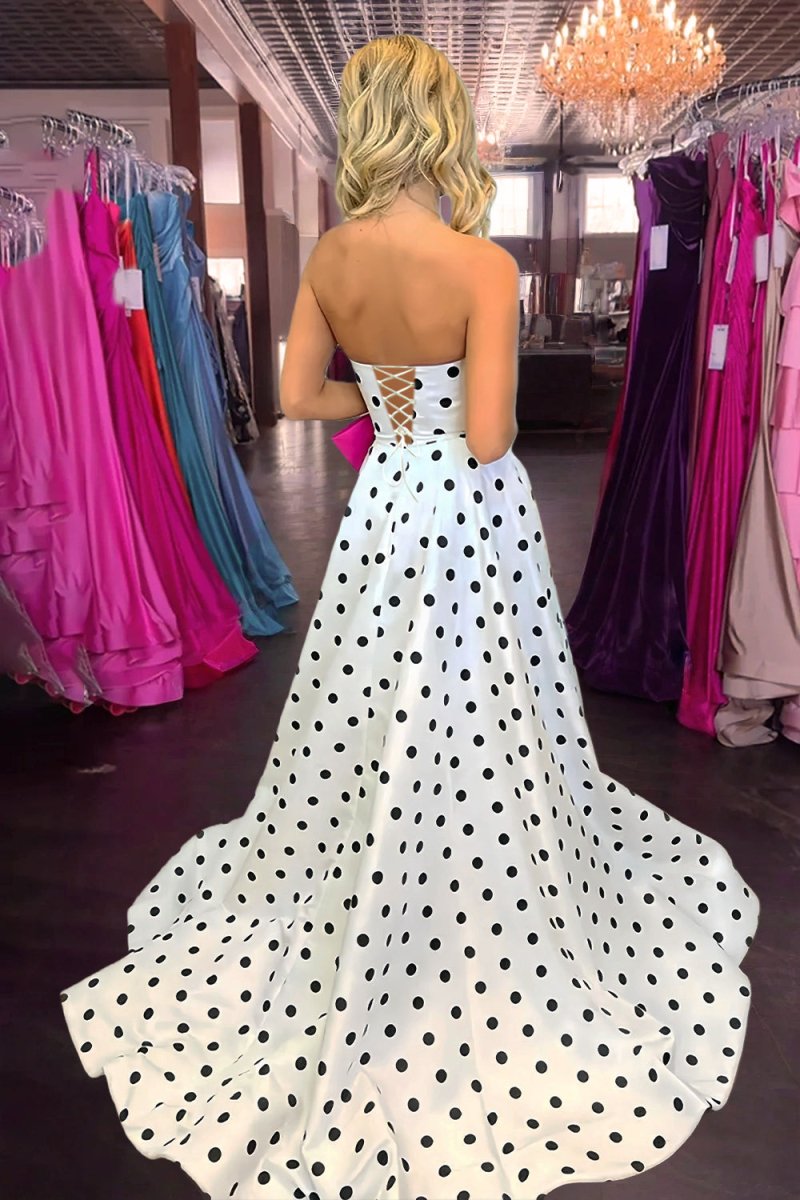 Fuchsia Sweetheart A Line Polka Dots Satin Long Prom Dresses With Bow