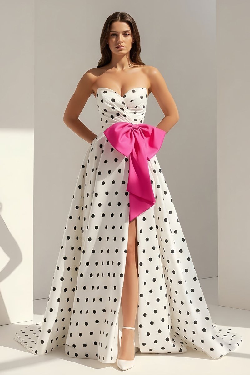 Fuchsia Sweetheart A Line Polka Dots Satin Long Prom Dresses With Bow