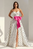 Fuchsia Sweetheart A Line Polka Dots Satin Long Prom Dresses With Bow