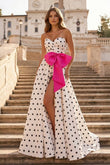 Fuchsia Sweetheart A Line Polka Dots Satin Long Prom Dresses With Bow