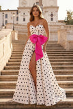 Fuchsia Sweetheart A Line Polka Dots Satin Long Prom Dresses With Bow