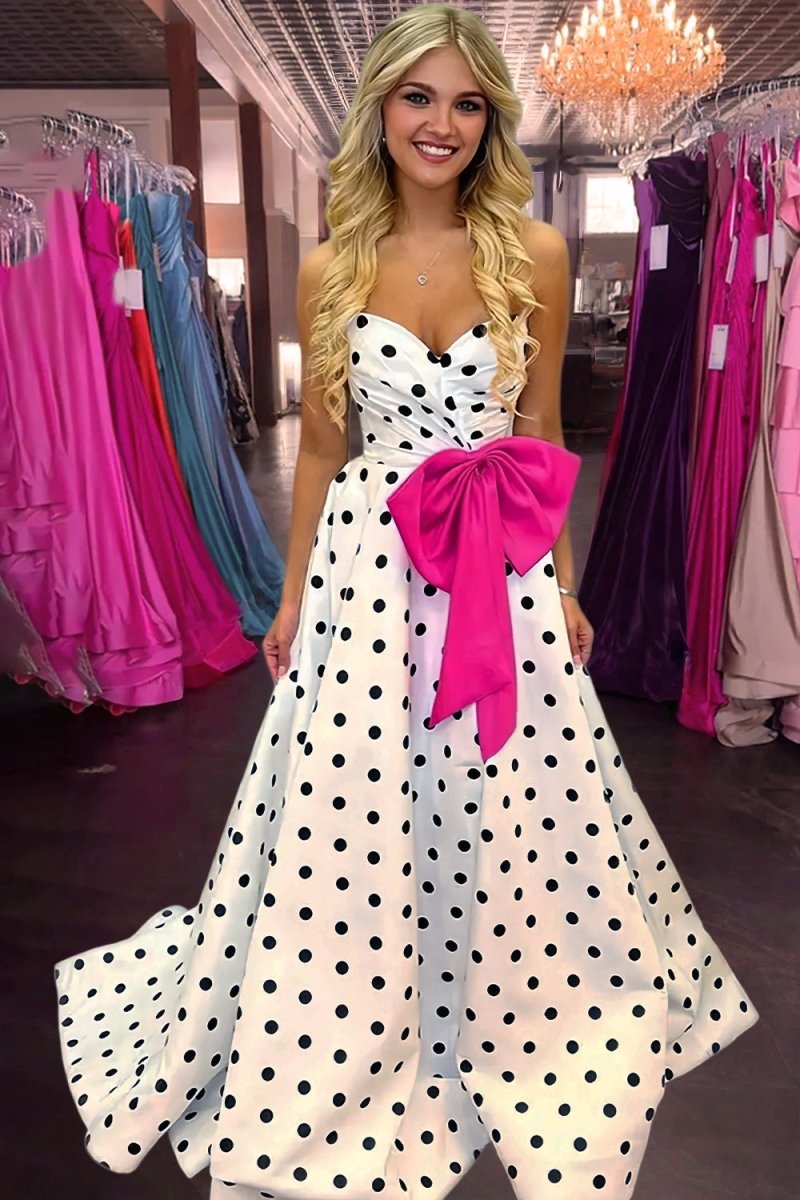 Fuchsia Sweetheart A Line Polka Dots Satin Long Prom Dresses With Bow