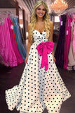 Fuchsia Sweetheart A Line Polka Dots Satin Long Prom Dresses With Bow