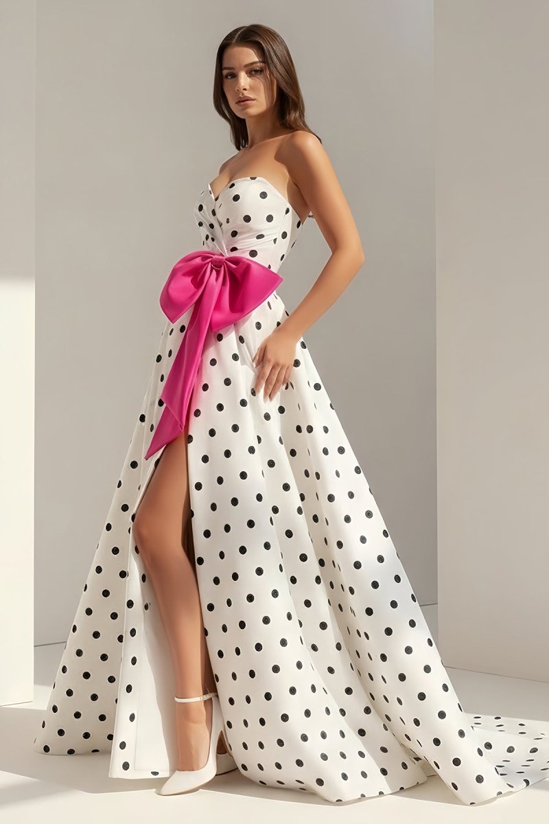 Fuchsia Sweetheart A Line Polka Dots Satin Long Prom Dresses With Bow