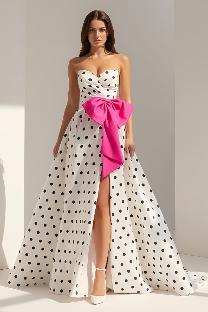 Fuchsia Sweetheart A Line Polka Dots Satin Long Prom Dresses With Bow