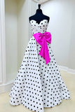 Fuchsia Sweetheart A Line Polka Dots Satin Long Prom Dresses With Bow