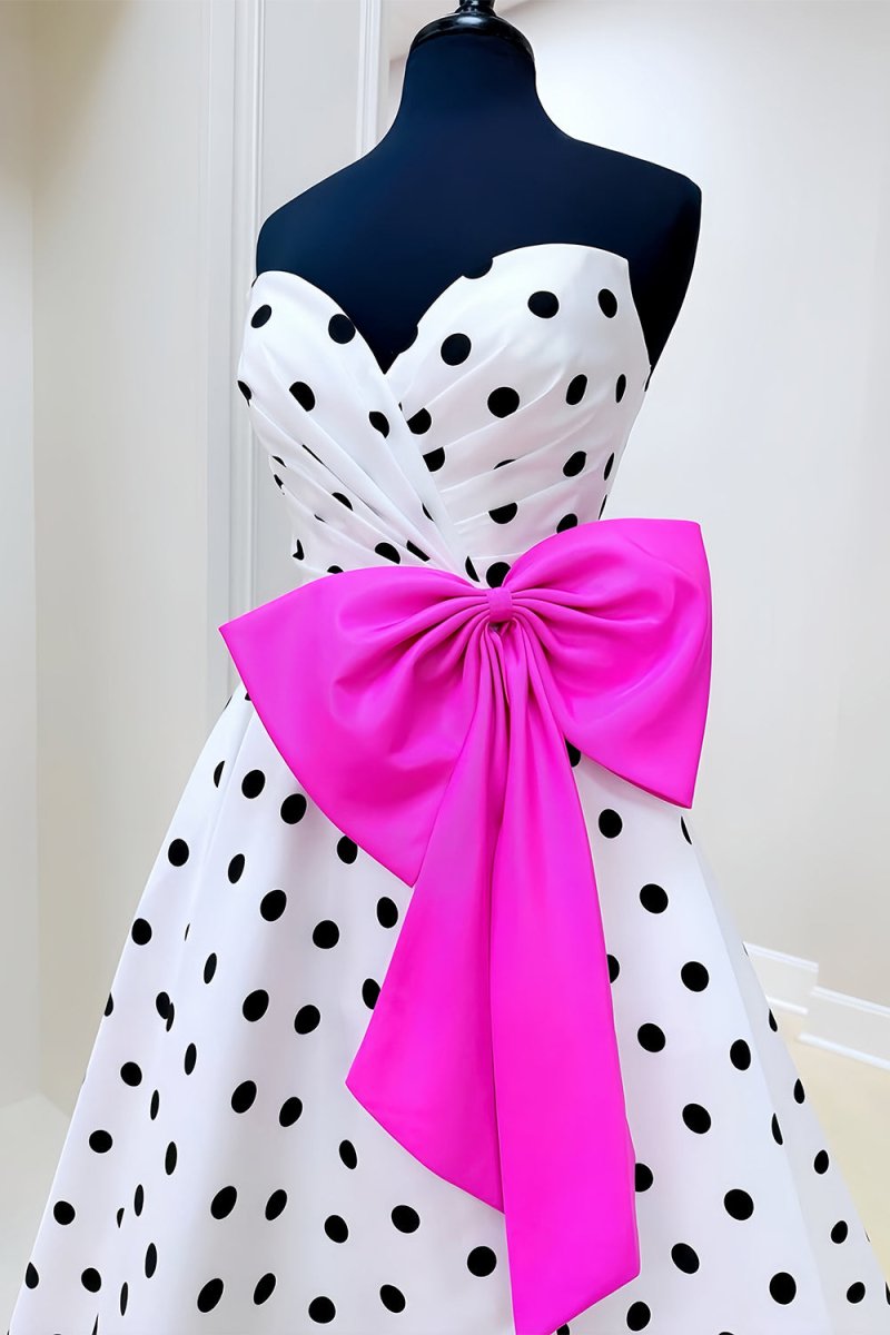 Fuchsia Sweetheart A Line Polka Dots Satin Long Prom Dresses With Bow