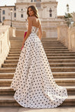 Fuchsia Sweetheart A Line Polka Dots Satin Long Prom Dresses With Bow