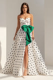 Fuchsia Sweetheart A Line Polka Dots Satin Long Prom Dresses With Bow